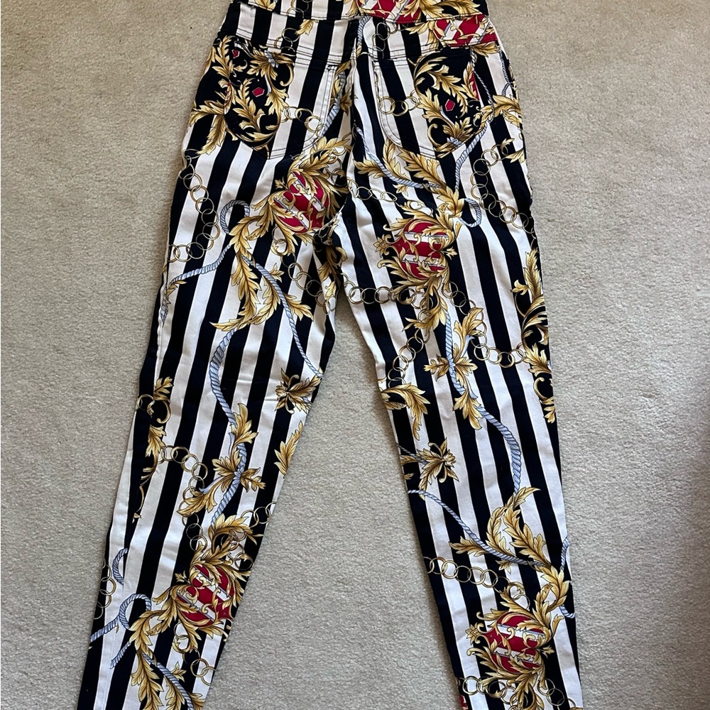 Striped Black and White Women's Pants with Gold Accents